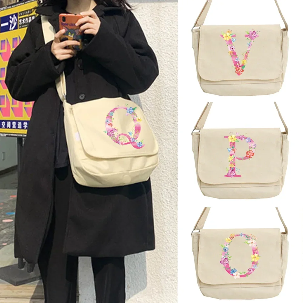 

2023 Crossbody Bags Youth Student Style Casual Shoulder Canvas Pouch Pink Letter Print Messenger Bag Women's Shopping Organizer