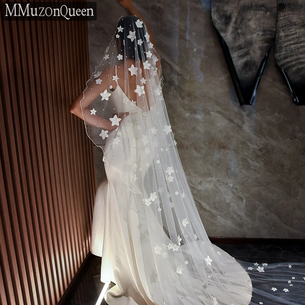 

MMQ M28 White Bridal Veil Long Cathedral Wedding Veil 3D Flowers Floral Lace Petals Veil For Bride With Comb Velos De Novia