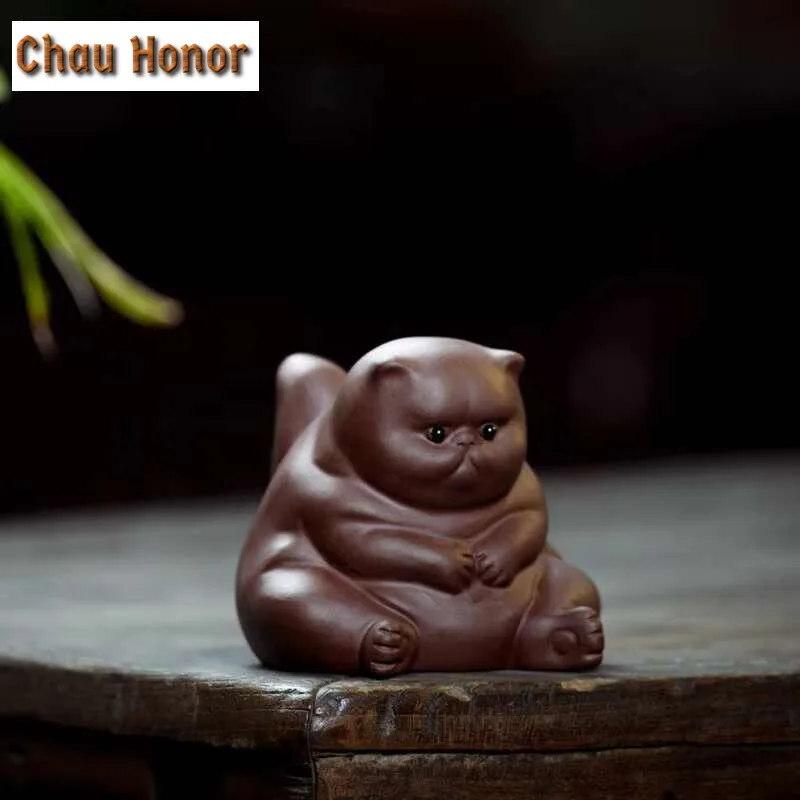 Yixing Purple Clay Tea Pet Lovely Fat Cat  Statue Ornaments Tea Figurine Desktop Crafts Chinese Raw Ore Zisha Tea Set Decoration