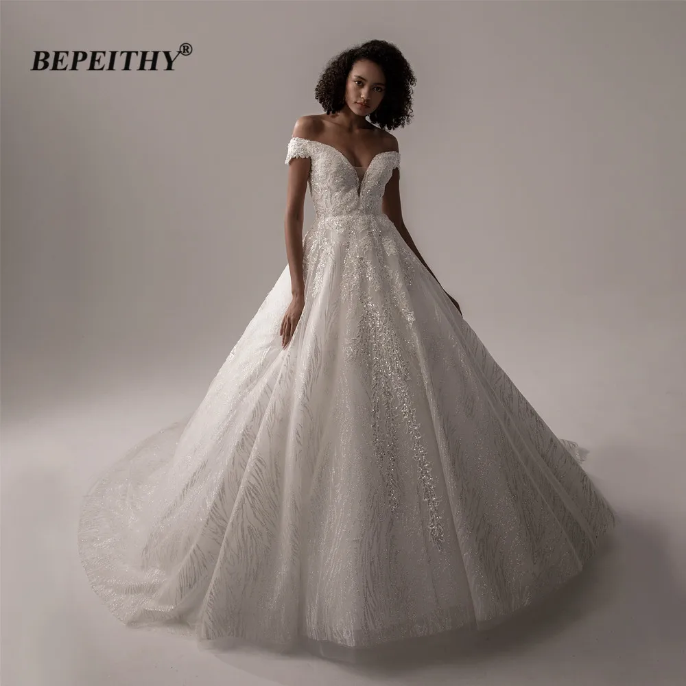 BEPEITHY Off The Shoulder Glitter Wedding Dresses For Women 2022 Ivory Dubai Bridal Dress Luxury Ball Gown For Bride New