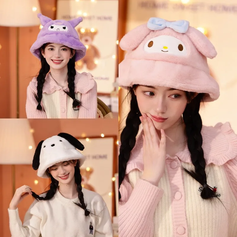 

Sanrio Plush Doll Bucket Hat Winter Ladies Sweet and Cute Cartoon Kuromi Girl Heart Plus Velvet Warm and Cold-Proof Plush Hat
