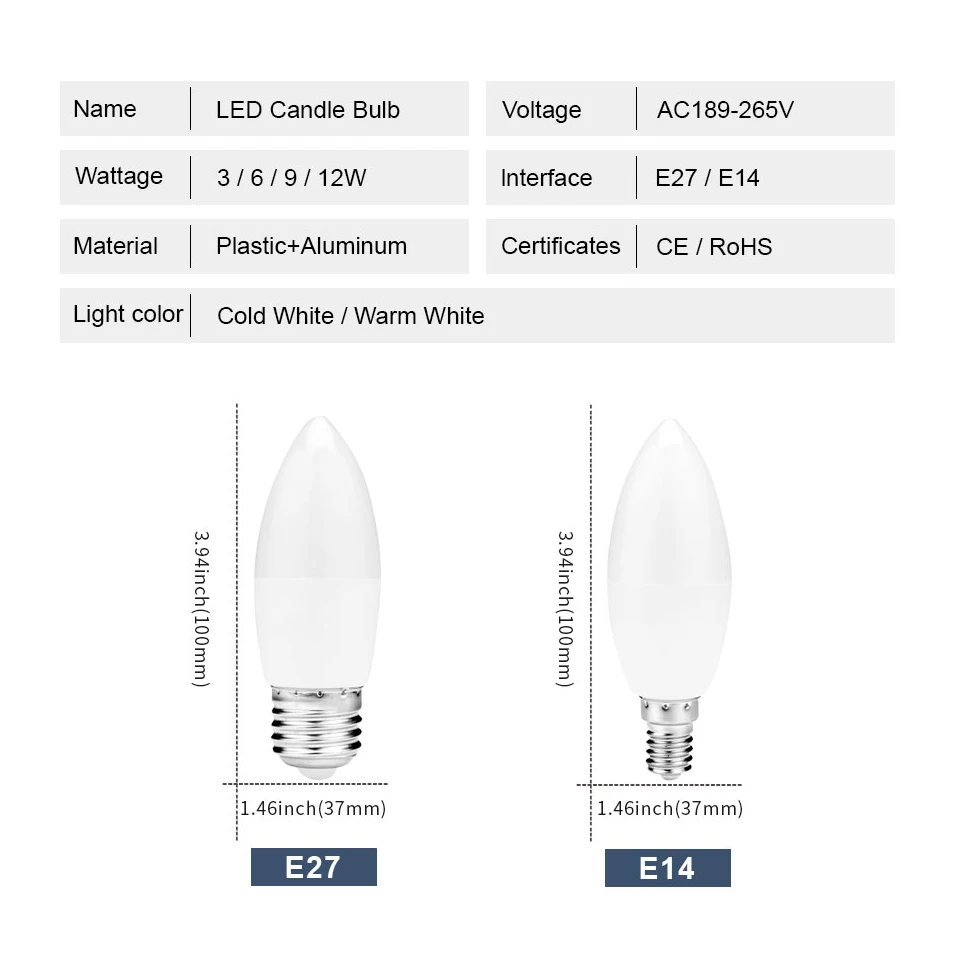 12PCS LED Candle Bulb AC220V 3W 6W 9W 12W  E27 E14  Cold White Neutral Light Warm White for Chandeliers and Crystal Lamps
