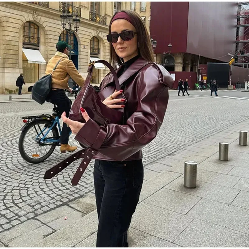 Casual Leather Short Leather Jacket With Belt Lapel Long Sleeved Cropped Coat New Fashion Lady Street Party New Outwears _