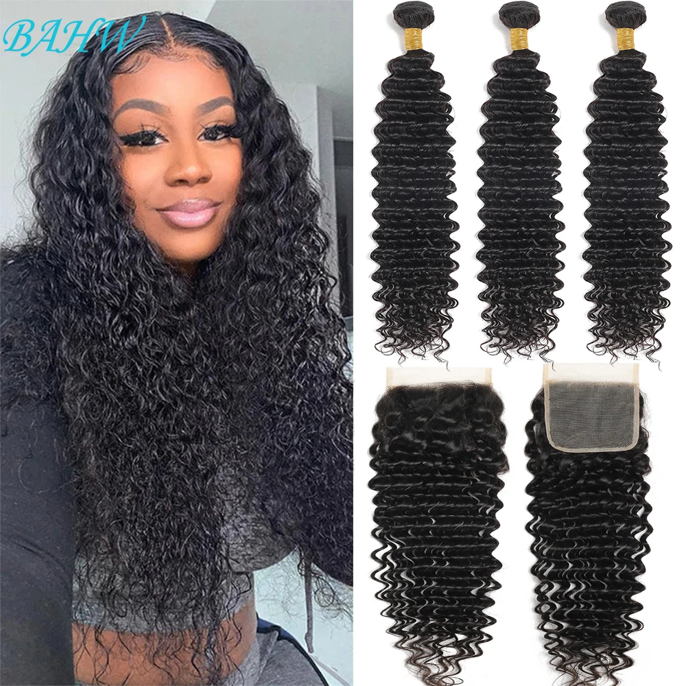 Peruvian Deep Wave Hair Bundles With Closure Remy Human Hair Bundles With 4x4 Lace Closure 30 Inch Natural Color Extensions