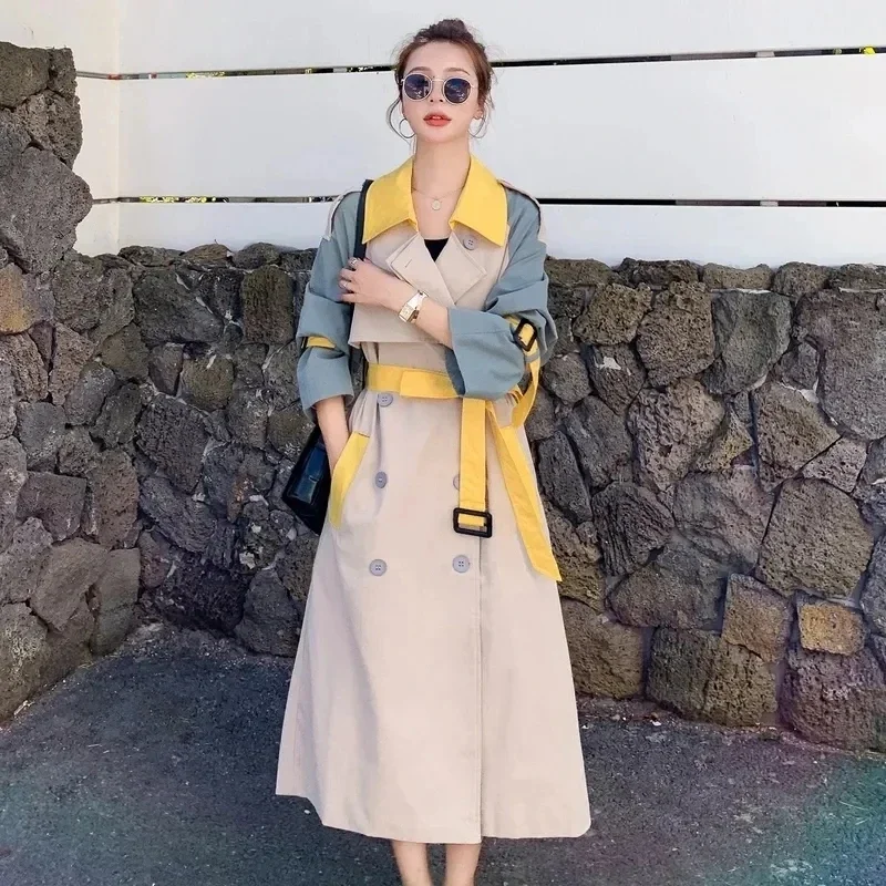 

Spring Autumn Korean Patchwork Color Windbreaker Women Mid-length Trench Coat With Belt Double-Breasted Female