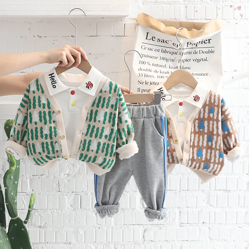 

OLEKID 2023 Autumn Infant Boys 3PCS Clothes Set Sweater Cardigan Coat Long Sleeve POLO T-shirts Sweatpants Little Boy Suit
