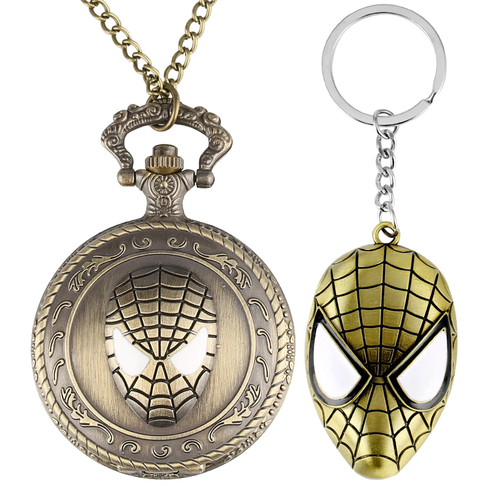 Marvel Spiderman Retro Bronze Quartz Pocket Watch with Spider Man Key Ring Keychain Comic Cartoon Necklace Vintage Chain Clock