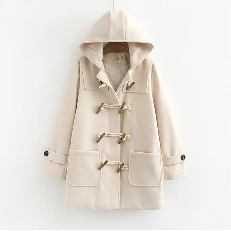 

UHYTGF Double Row Horn Buckle Wool Coat Women Long Coat Spring Autumn Clothing Loose size Hooded Woolen Coats Manteau Femme 569