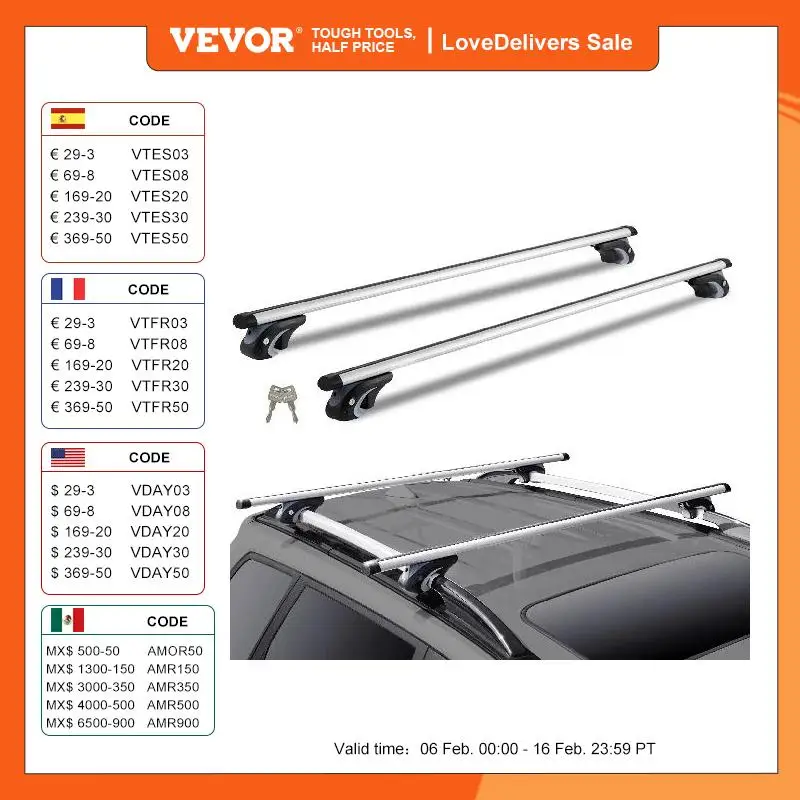 Vevor Portapacchi Crossbar Regolabile Aliuminum Roof Rail Crossbar Bagaglio Portapacchi 200Lbs Top Roof Crossbar Argento Nero