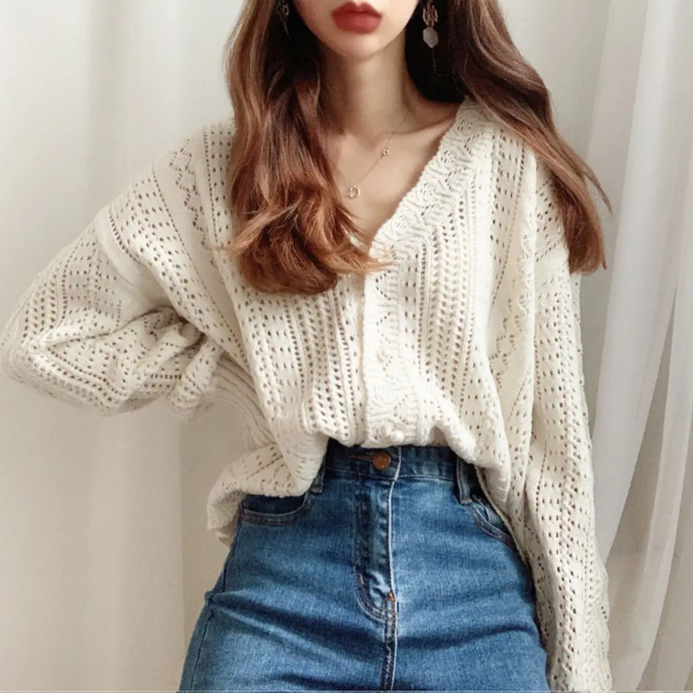 

Free Size Womens Sweaters Autumn V-neck Long Sleeve Single Breasted Loose Casual Hollow Out Female Knitwear Ladies Clothes Hw33