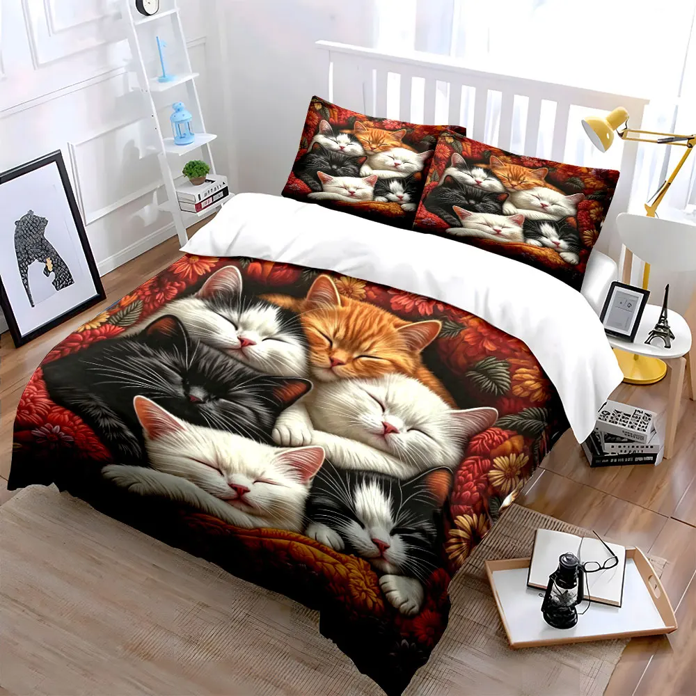 Cat Bedding Set Cartoon Duvet Cover Set Flowers Comfor Cover Bedroom Decor Guest Room 3pcs(1 Duvet Cover + 2 Pillow) 4