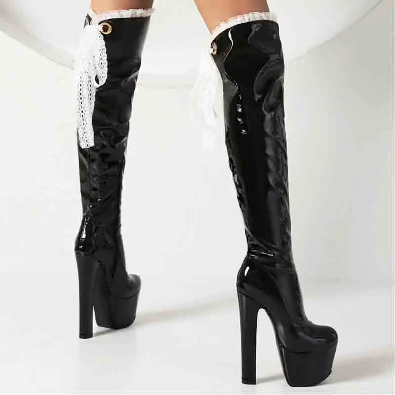 

Black PU Lace Knee High Boots Super High Heel Women's Boots 2024 New Sexy Round Head Thin Heel Nightclub Stage Boots