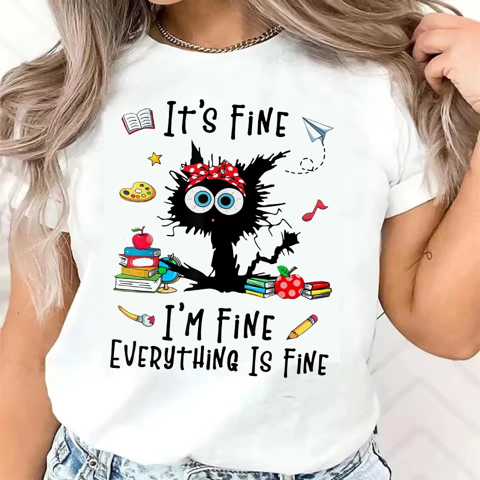 Modisches T-Shirt mit Aufdruck „I Am Fine Sarcastic Cat“, kurzärmelig, bedrucktes T-Shirt, Kleidung für Damen, T-Shirt, Kleidung für Damen, Top-T-Shirt