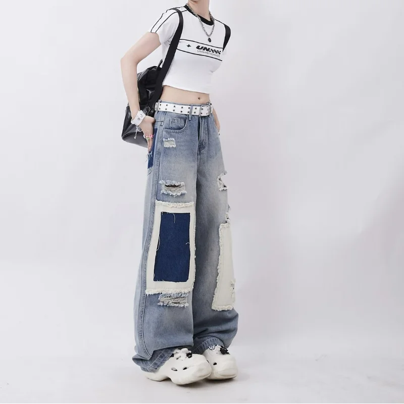Women Patched Oversized Hole Jeans Pockets Spring Summer Hip Hop Pants High Street Trend Design Loose Straight Wide Leg Trousers