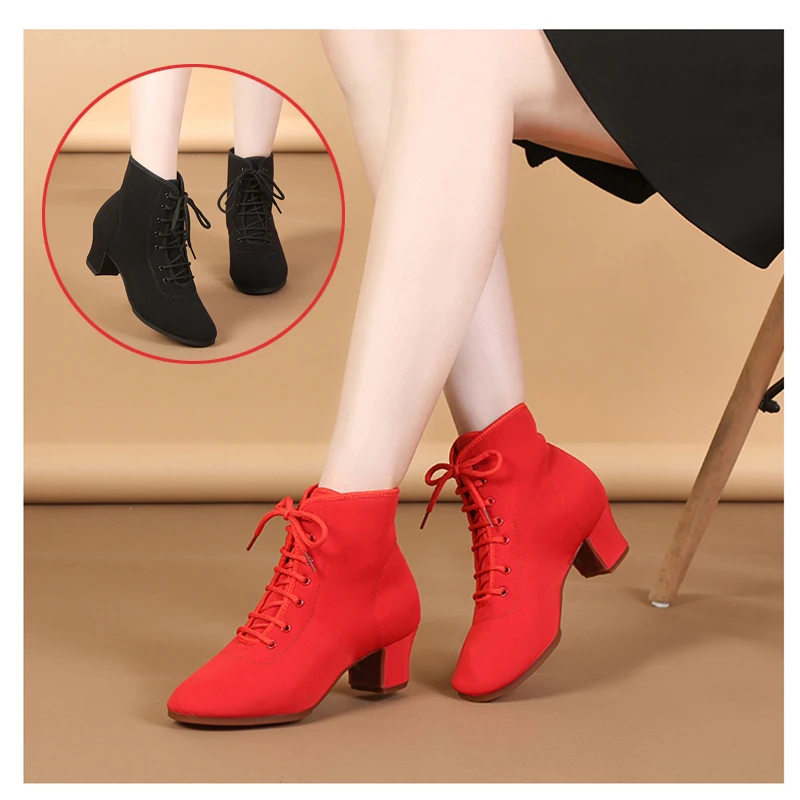 DKZSYIM New Women Ballroom Latin Dance Shoes Jazz Modern Dance Shoes Lace Up Dancing Boots Red Black Sports Dancing Sneakers 5