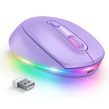 BOW 보라색 무선 마우스, 노트북용 충전식 마우스, 소형 무선 마우스, 조용한 클릭, 컴퓨터용 LED 무지개 조명