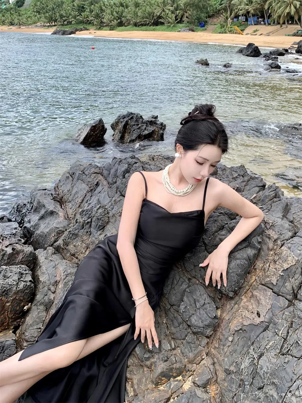 Sexy Satin Black Dress Women Spaghetti Strap New Summer High Split Backless Beach Slim Mermaid Evening Party Dresses Prom Robe