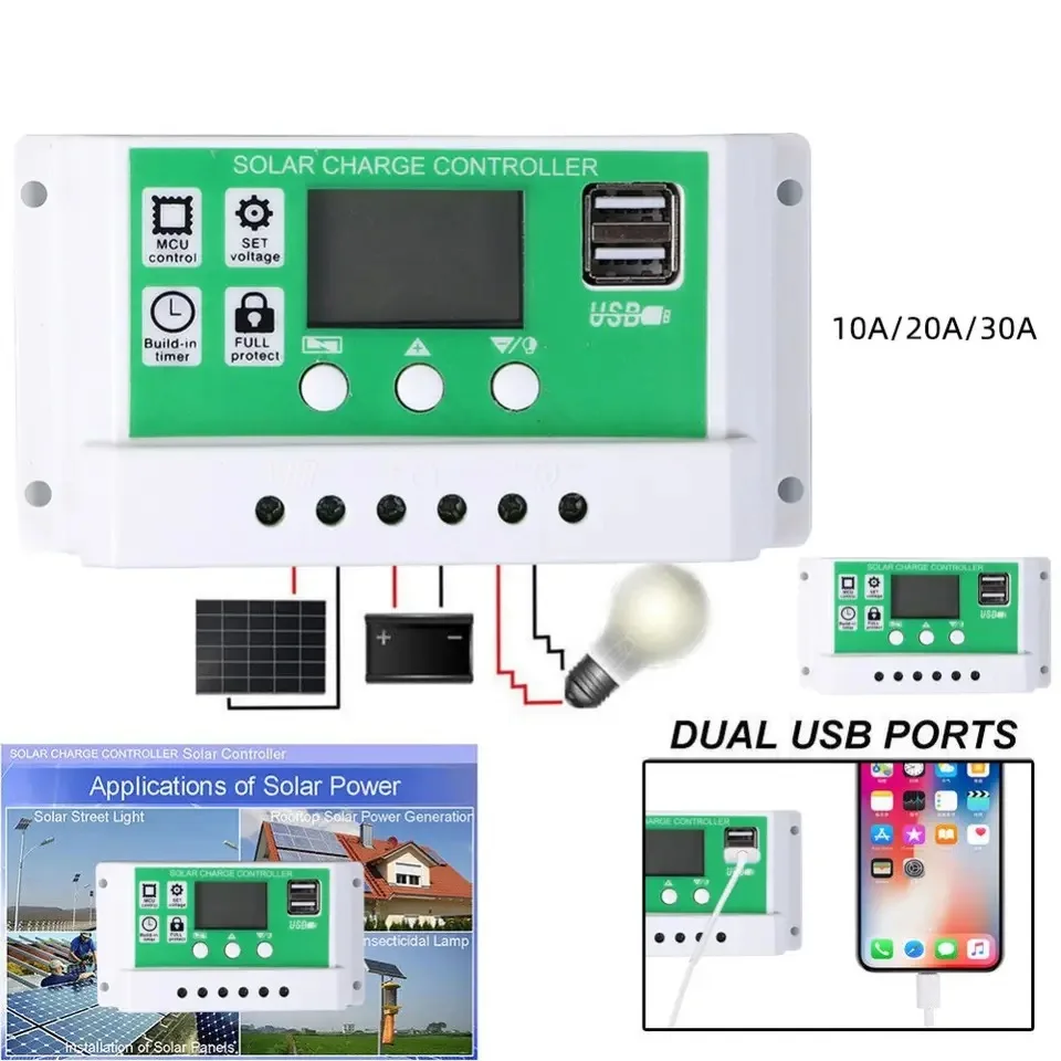 PWM 태양광 충전 컨트롤러, PV 레귤레이터, 리튬 배터리, 납산, 리튬 철 인산염 배터리용, DC 12V, 24V, 30A, 20A, 10A