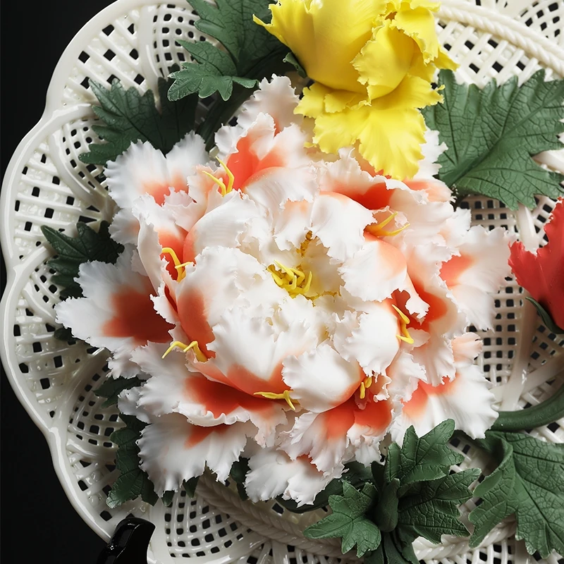 0013 Ceramic Handmade Peony Flower Pendant Plate Desktop Art Decoration Chinese Living Room Decorative Crafts Birthday Gift