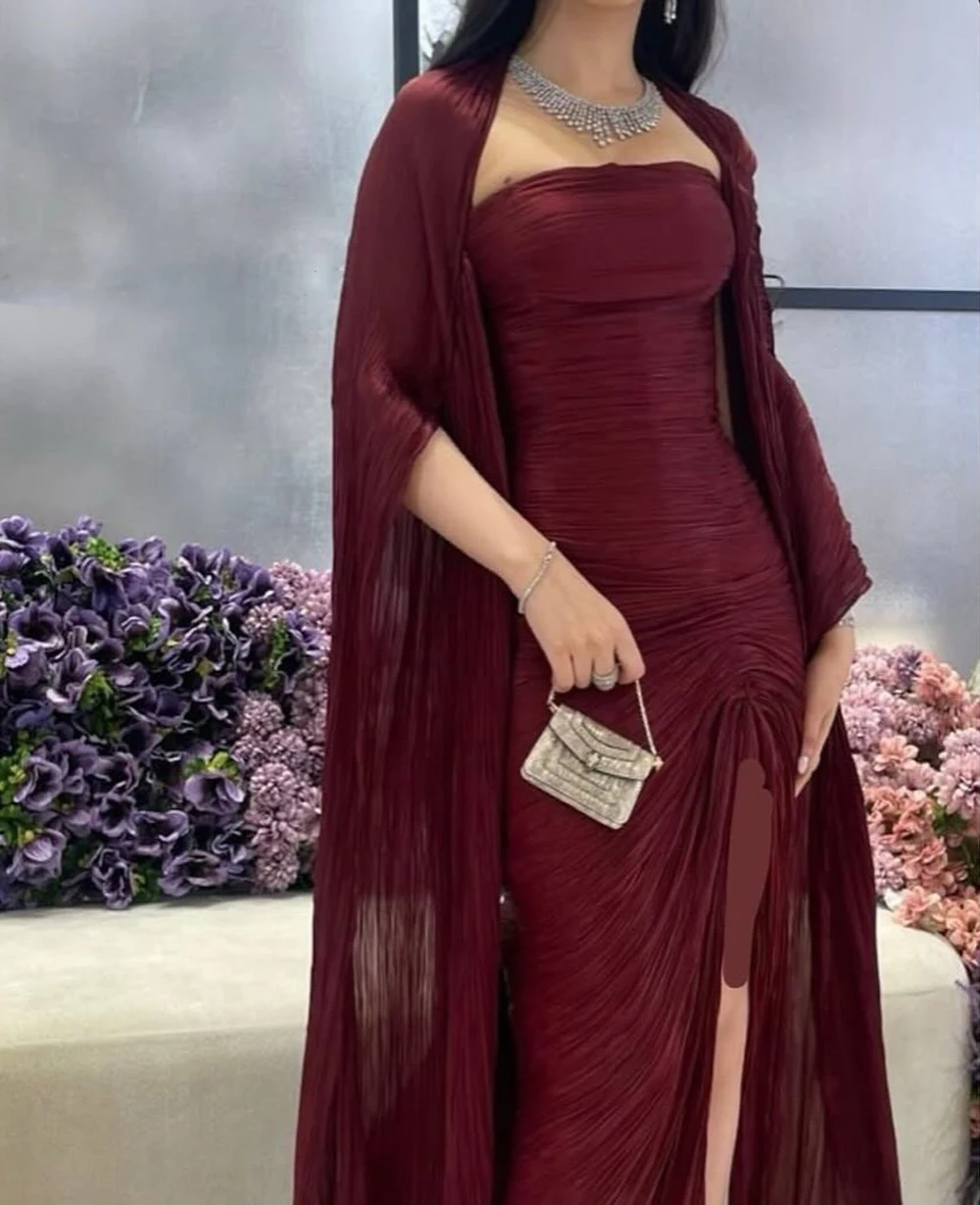 Simple Tulle Pleat Evening Dress Strapless With Shawl Mermaid High Slit Elegant Arabic Formal Party Prom Gown Vestido Customized 3