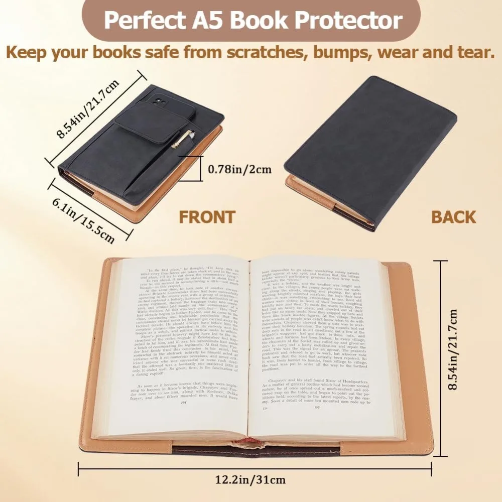 Book Cover PU Leather A5 Waterproof Book Sleeve Black Reusable Book Protector Hardcover Paperbacks Notebook Wraps with Pen 2