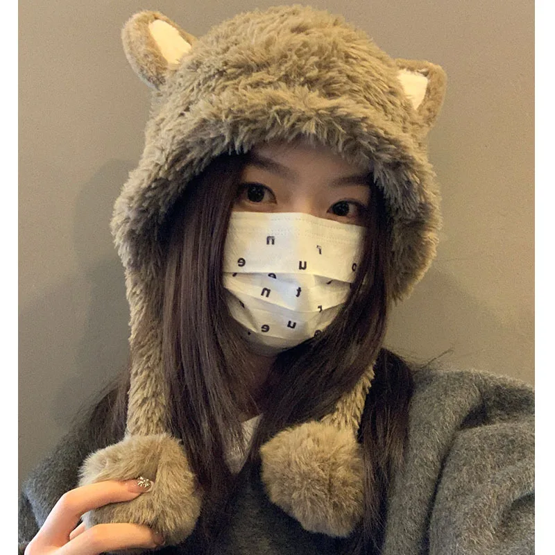 New Cute Cartoon Fury Hat with Long Ears Lace up Versatile Autumn and Winter Warmth Ear Protection and Windproof Pullover Hat