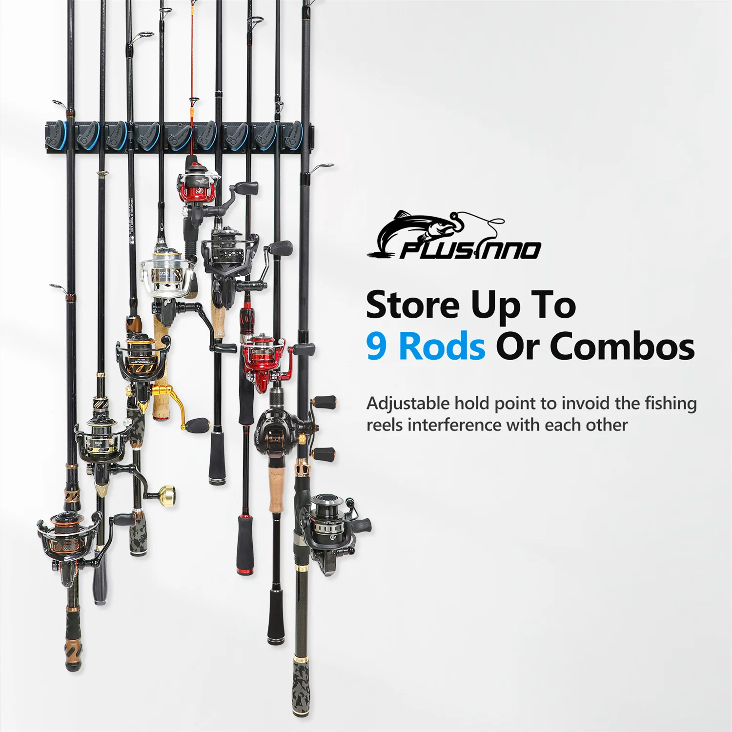 PLUSINNO Vertical Wall Mounted Fishing Rod Holder Pole Rack Holds Up to 9  Rods or Combos