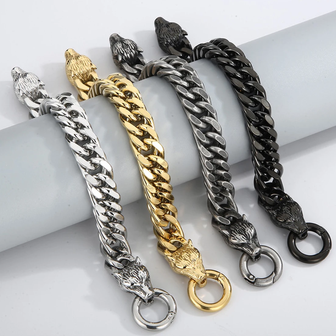 

8inch 12mm Chunky Retro Cuban Chain Bracelet for Men Vintage Wolf Head Stainless Steel Curb Link Wristband Cool Male Jewelry