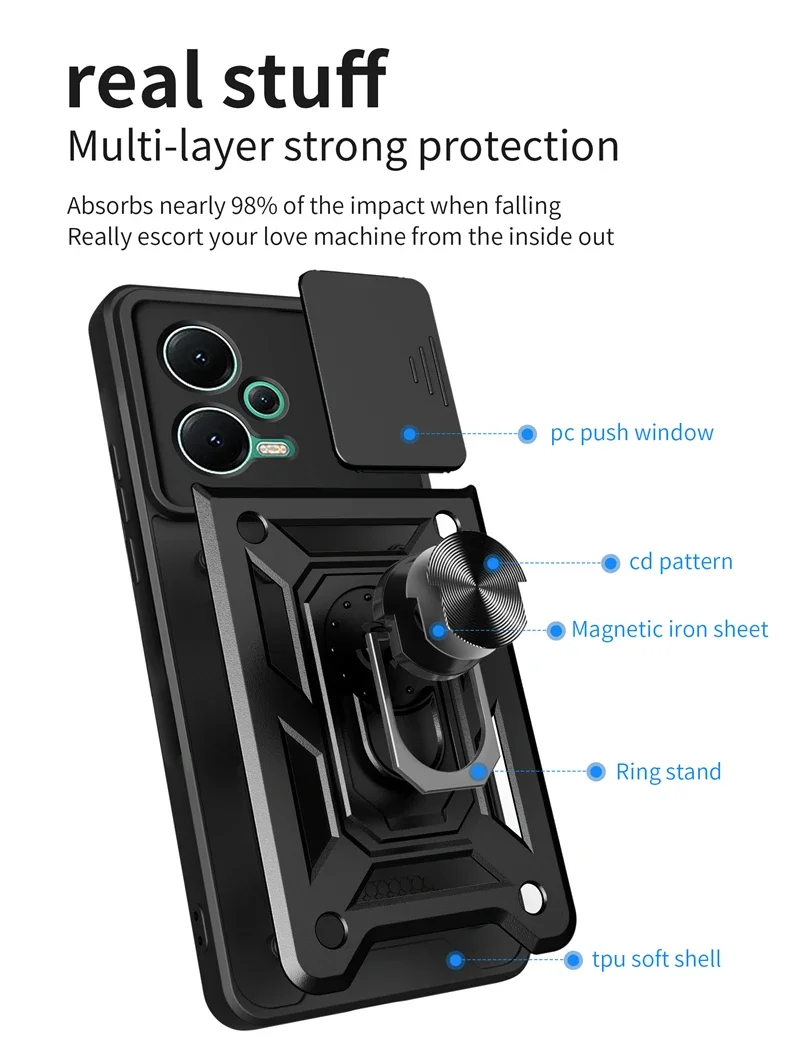 Enhanced Protective Armor Phone Case with Slide Camera Lens Guard and Car Holder Stand