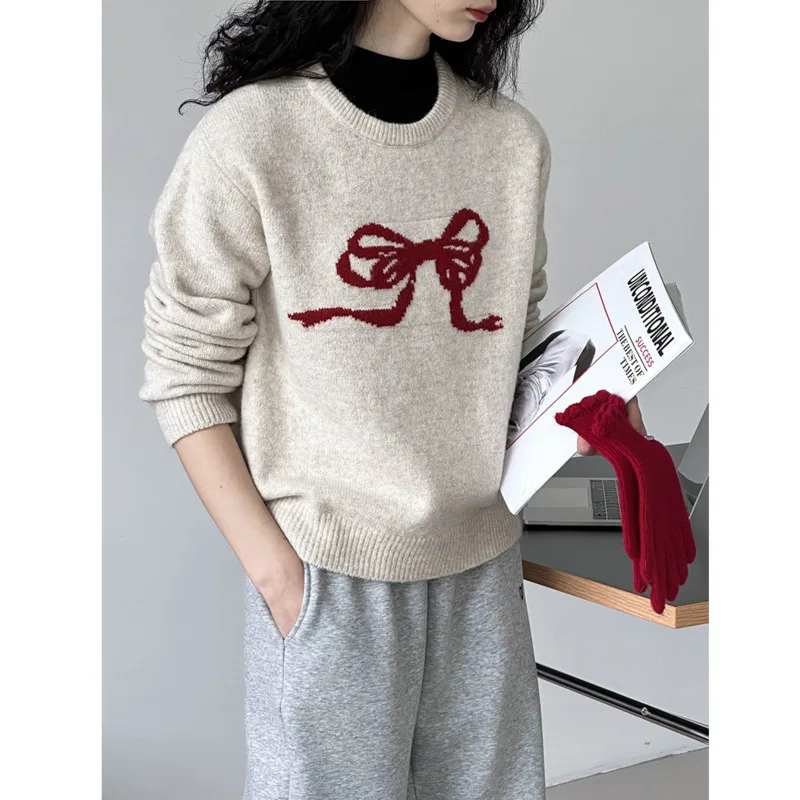 Red Bow Sweater Pullover Women Korean Sweater Y2k Cartoon Tops Couples Autumn Winter Funny Cute O-neck Men Harajuku Sweater Tops