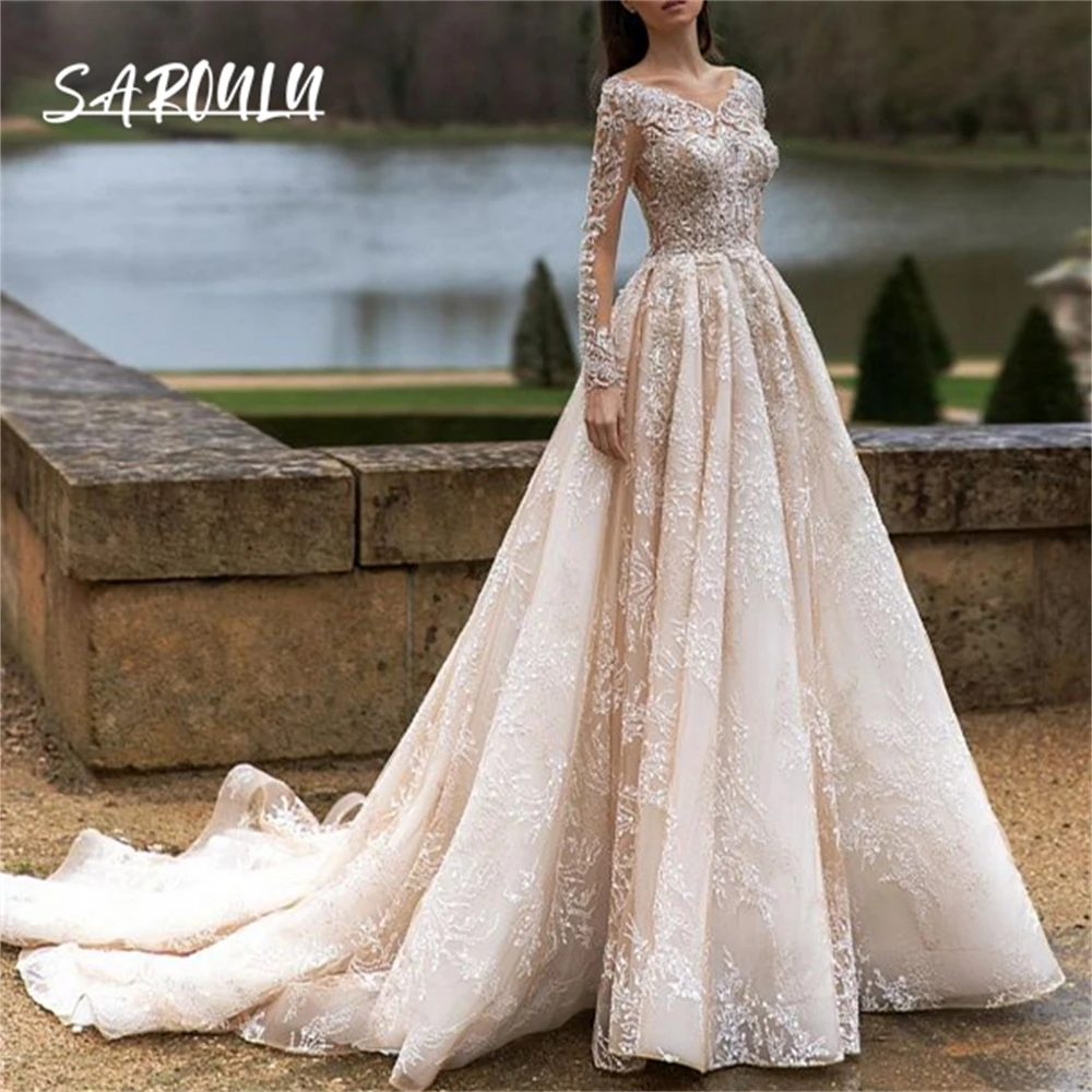 

A Line Long Illusion Sleeves Wedding Dresses For Women Court Train Nude Champagne Bridal Gown Luxury Lace Bride Dress