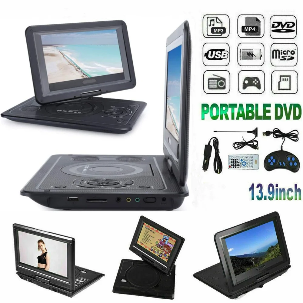 Portable DVD Player 13.9 Inches Portable DVD Player Region-free USB Port 270 Degree Rotation Swivel Screen EVD Player for Home