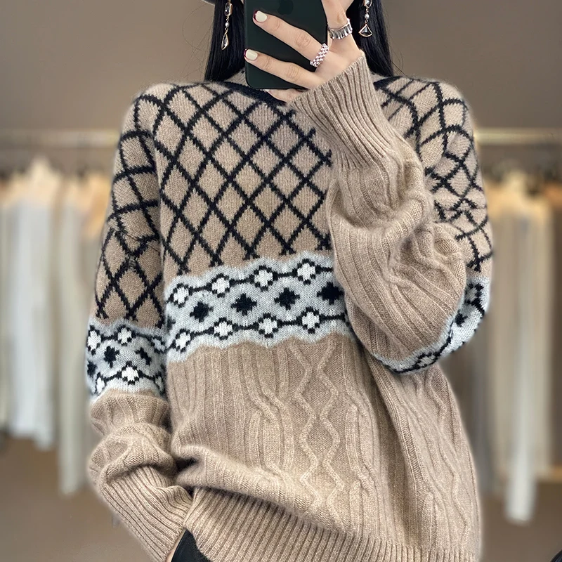 

Autumn and winter new pullover women's padded sweater O-neck color matching fashion loose knit 100% pure wool top