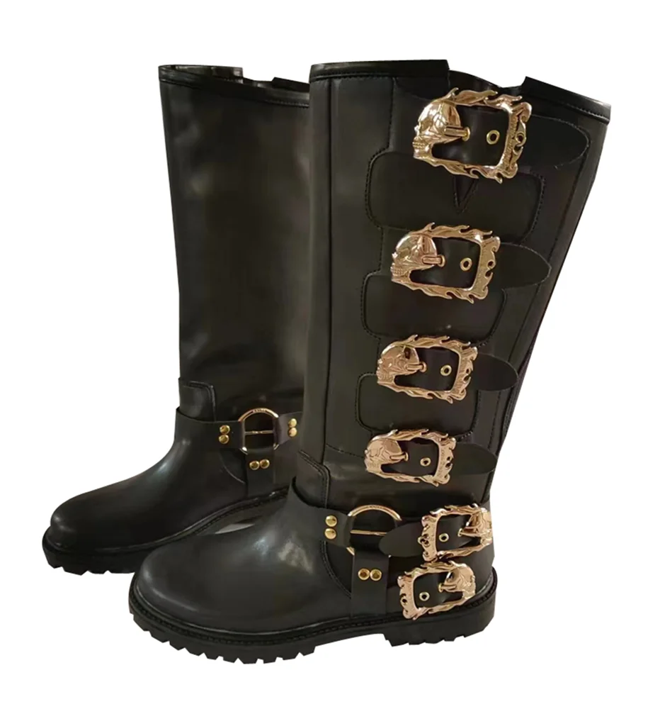 

Men's Calf High Motorcycle Riding Boots with Skull Buckles