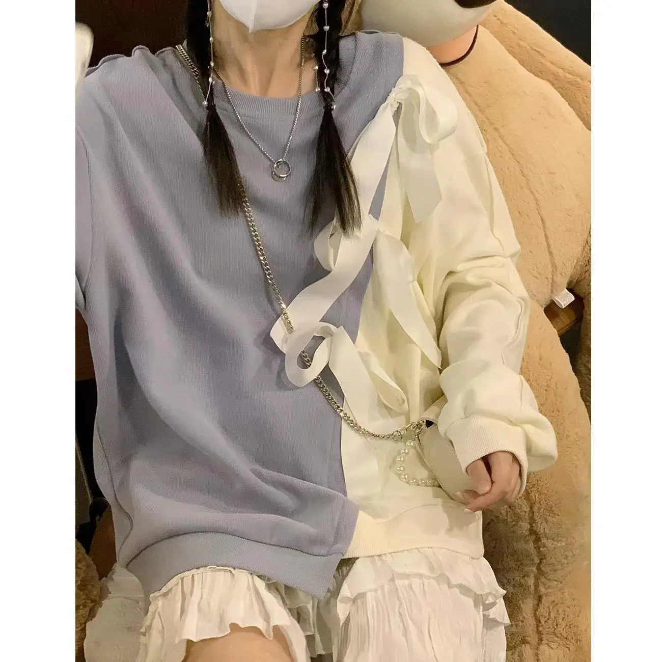 Fashion Casual Women's Set 2023 Spring and Autumn Korean Version Loose Bowknot Patchwork Top Sports Wide Leg Pants Two-piece Set
