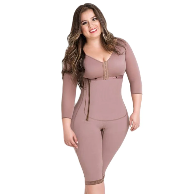 High Compression Strong Control Shpewear With Side Zipper And Bra Sleeved Bodysuit Slimming Sheath Woman Flat Belly Faja