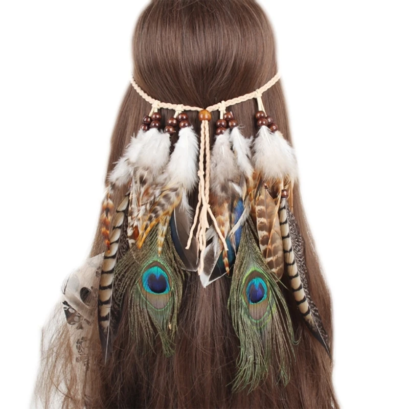 

Feathers Headband Indian Headpiece Bohemian Tassels Headwear with Beads