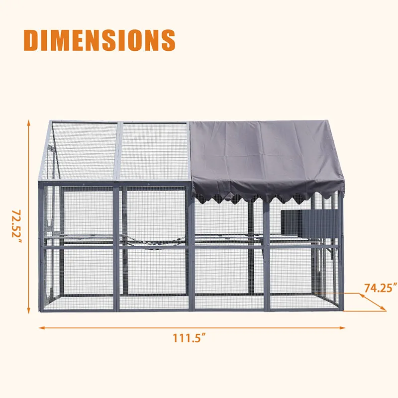 Outdoor Cat House Cat Enclosures 110" Large Kitten Playpen Platforms Upgrade Waterproof Cover Grew White