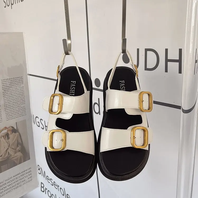 Women Sandals Pin Buckle Platform Slingback Metal Buckle Thick Bottom Flat