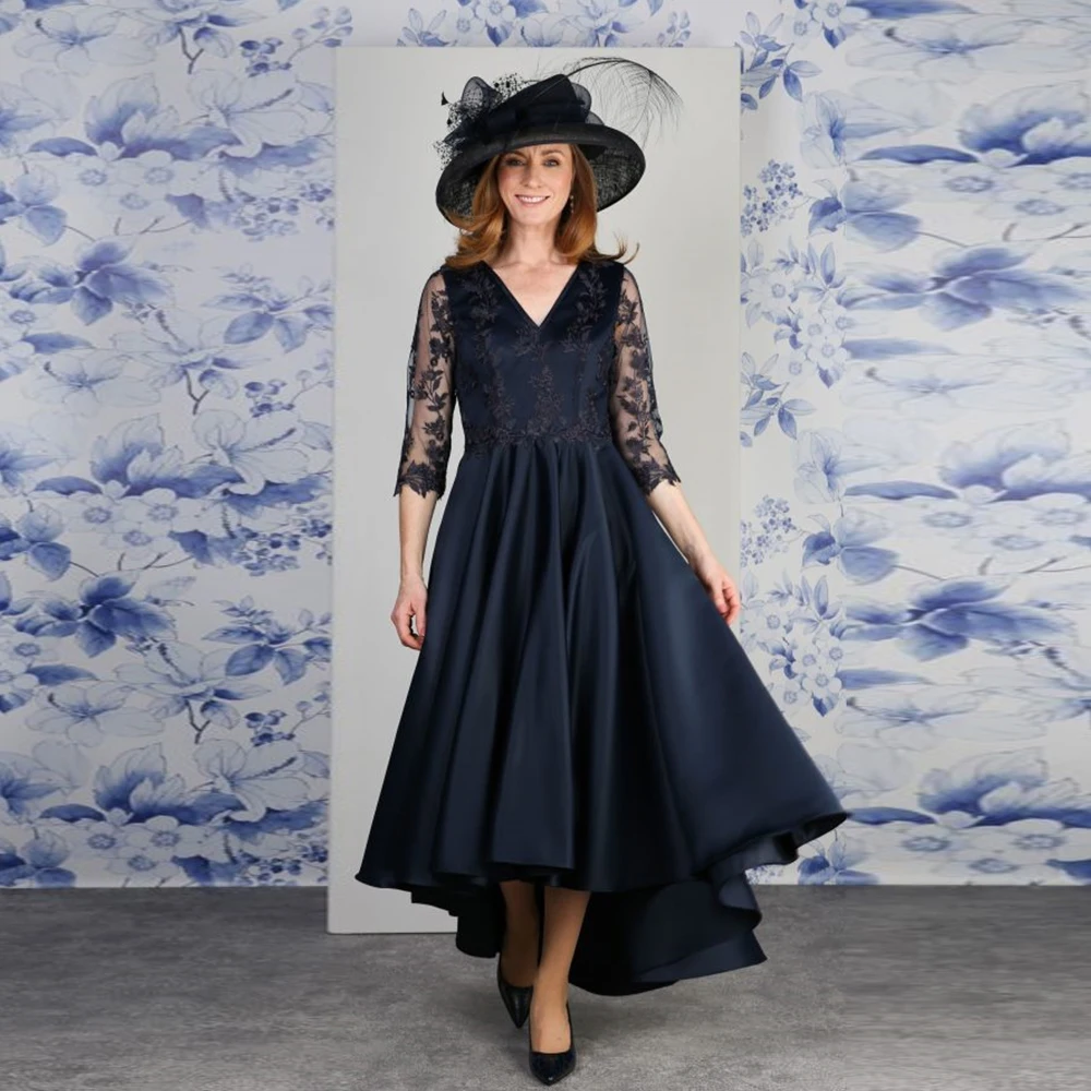 

Elegant Mother of the Bride Dresses V Neck 3/4 Sleeves Wedding Party Gowns Tea Length Appliques Satin A-Line 2023 فساتين السهرة
