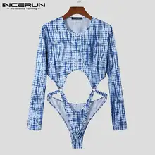 

INCERUN Comfortable Homewear New Men's Printing Hollow Out Onesies Fashion Male Long Sleeve Round Neck Triangle Bodysuits S-5XL