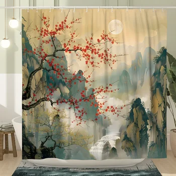 Elegante tenda da doccia con paesaggio orientale, tessuto impermeabile con fiori di ciliegio per l'arredamento del bagno sereno, Zen Harmony inclusa 1