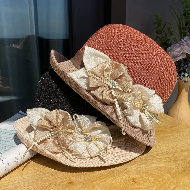 

2023 New Arrival Elegant Flower Curled Church Hats For Women Breathable Bucket Hat Tea Party Ladies UV Protection Travel Sun Hat