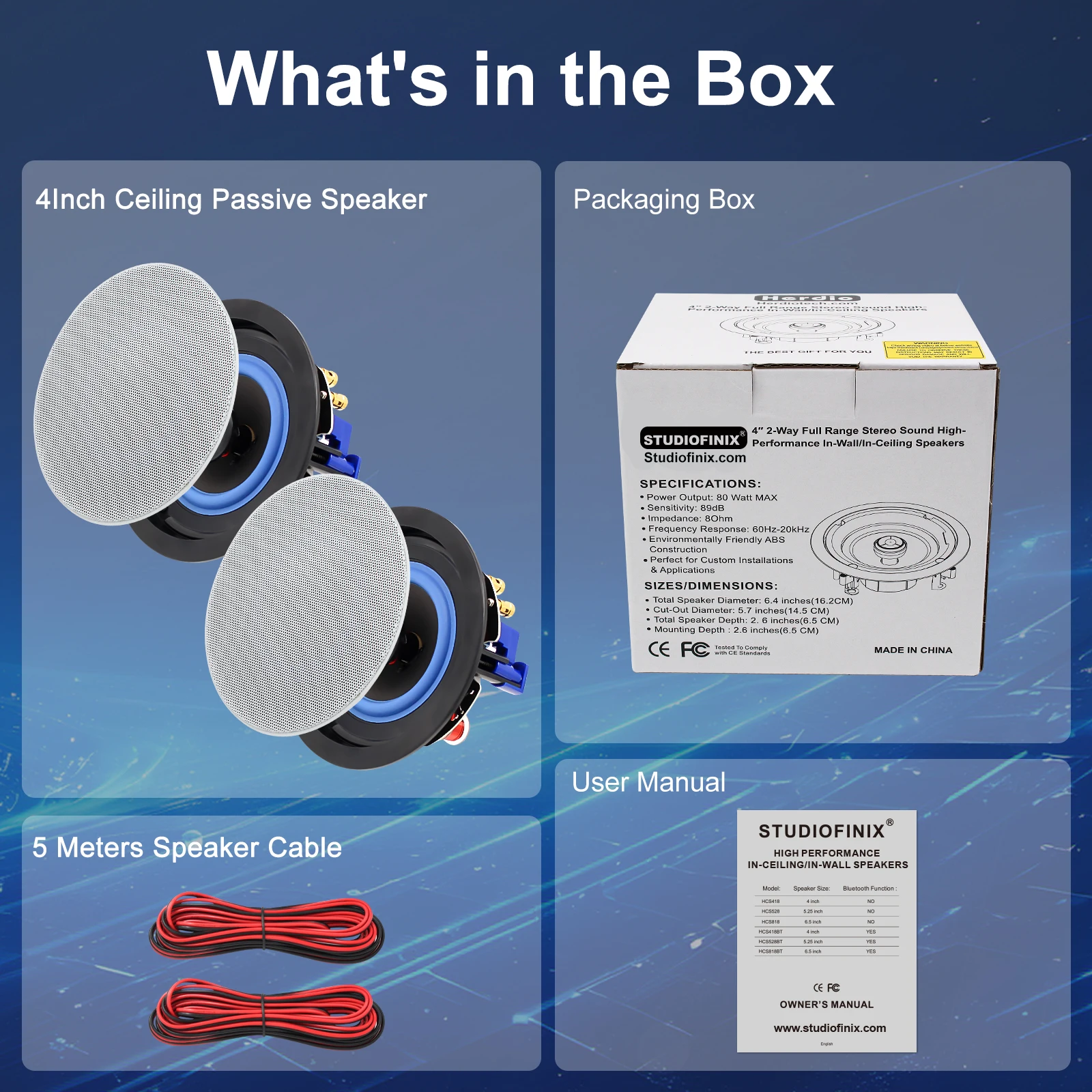 STUDIOFINIX 2개 160W 4인치 2웨이 플러시 마운트 천장/벽 매립형 패시브 스피커, 욕실, 주방, 사무실, 거실에 적합