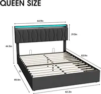 Queen Size Lift Up Storage Bed Frame, Height Adjustable Storage Headboard with Charging Station, LED Lights Upholstered Bed 2