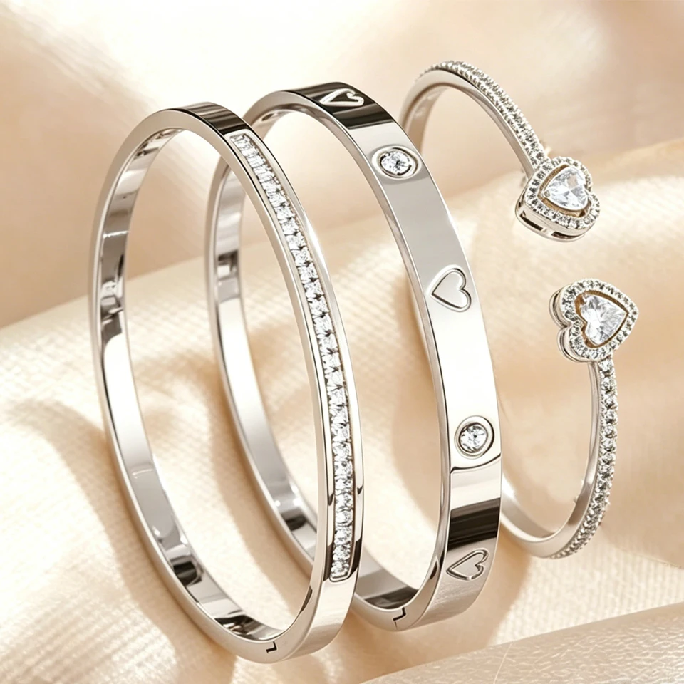 Yupsk 1/3pcs 18K Gold Plated Stainless Steel Heart Bracelet Set Fashion Zirconia Open Bangle Women's Bracelet Set For Daily Wear 4