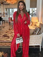 Oymimi Summer Pink Perspective Sets Womens 2 Piece Casual Long Sleeve Button Shirts And High Waist Straight Trousers Female Sets - Image 2