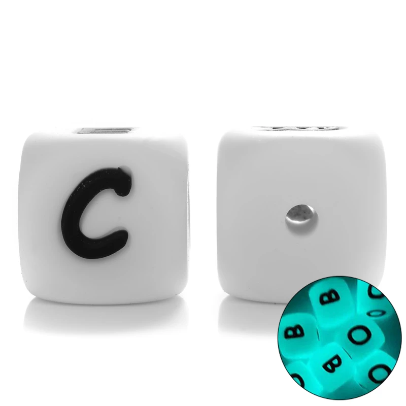 thumbnail image 1 of 50 cuentas de silicona con letras que brillan en la oscuridad de 12 mm, luminosas, personalizadas, con nombre, para mordedores y masticables, 1 of 5