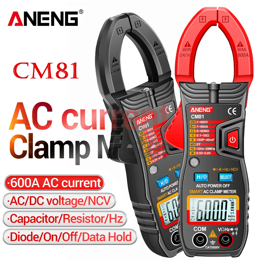 

ANENG CM80/CM81 Digital Clamp Meter AC Current Multimeter Ammeter Voltage Tester Car Amp Hz Capacitance NCV Ohm Test