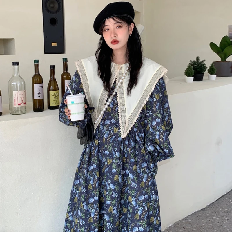

Floral Printing Dress Elegant Retro Lace Patchwork Turn-down Collar PuffSleeve Dresses Spring Outwear Casual New 2023